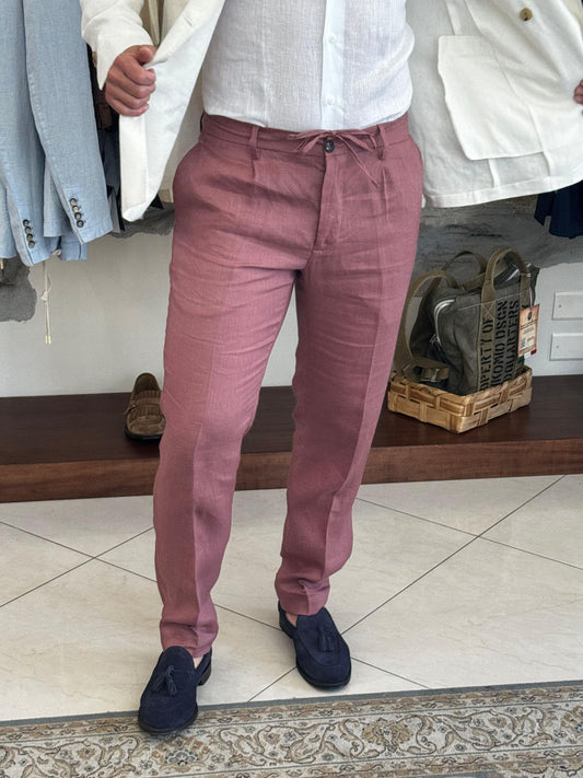MICHELE CARBONE PANTALONE COULISSE IN LINO ROSA